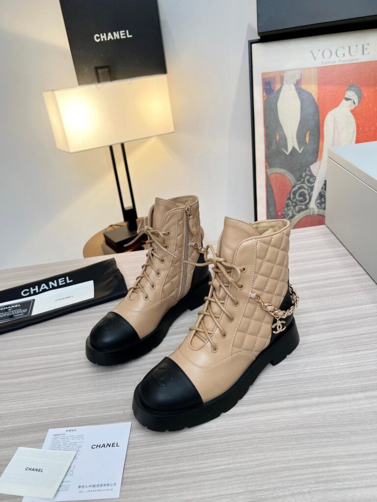 Chanel Quilted Chain Lace Up Combat Boots Beige Black - Image 4