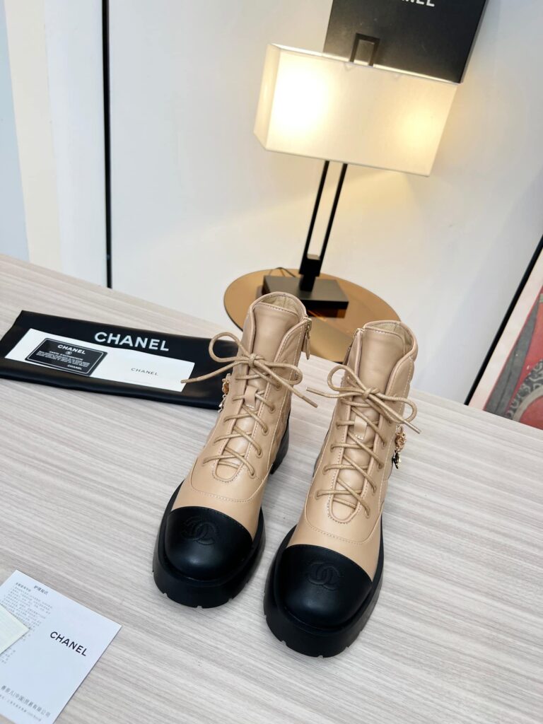 Chanel Quilted Chain Lace Up Combat Boots Beige Black - Image 3