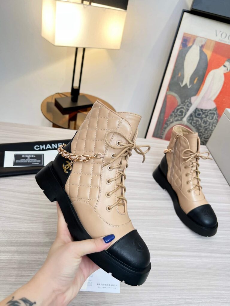 Chanel Quilted Chain Lace Up Combat Boots Beige Black - Image 2