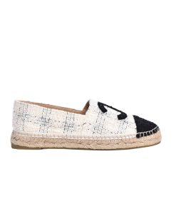 Chanel Tweed Cc Espadrilles Slip On Lambskin White Blue Black