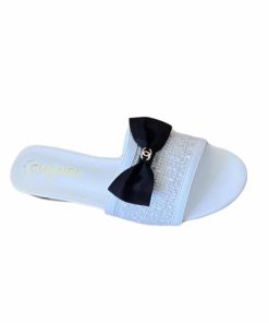 Chanel Grosgrain Ribbon Bow Flat Sandal Tweed White