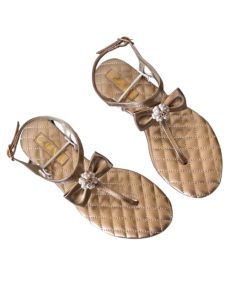 Chanel Gold Quilted Leather With White Camellia Cc Logo Bow Thong Sandals