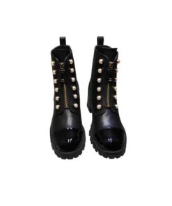 Chanel Cc Pearl Front Zipper Short Boots Black