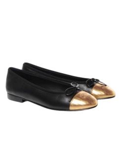 Chanel Leather Cap Toe Ballet Flats Black Gold