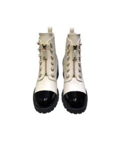 Chanel Cc Pearl Front Zipper Short Boots White