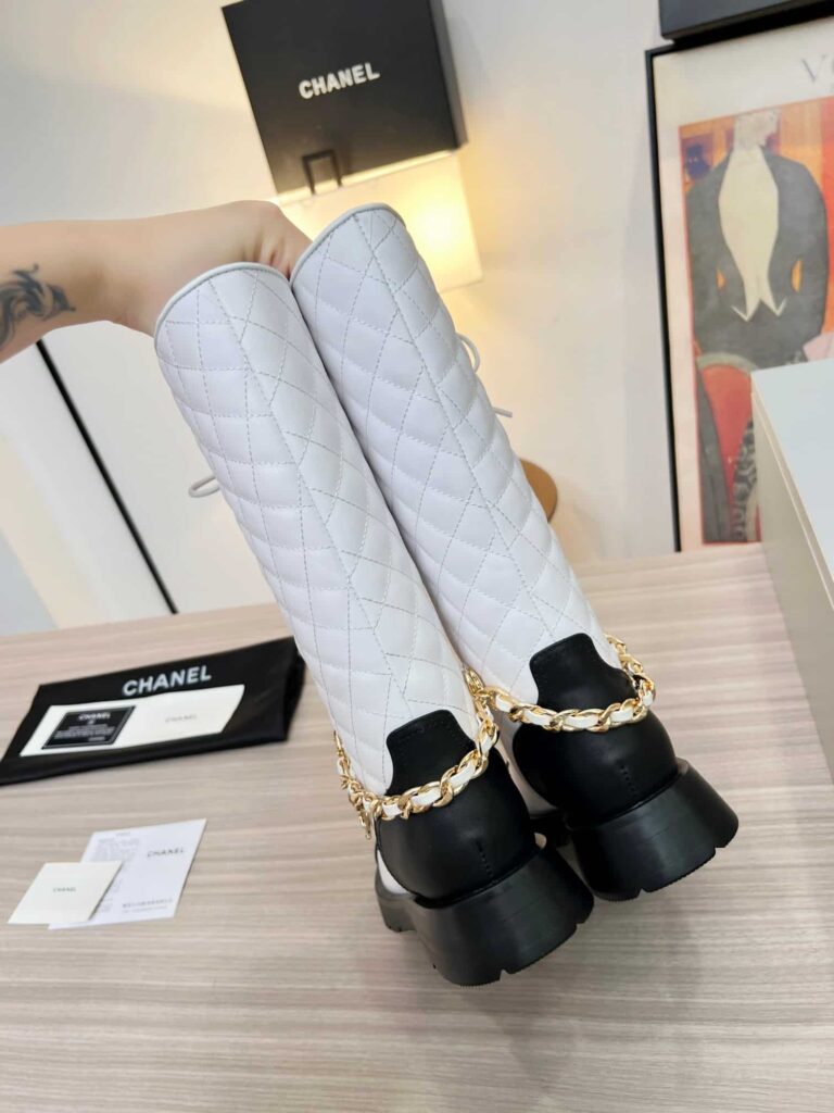 Chanel Quilted Chain Lace Up Combat Long Boots White - Image 4