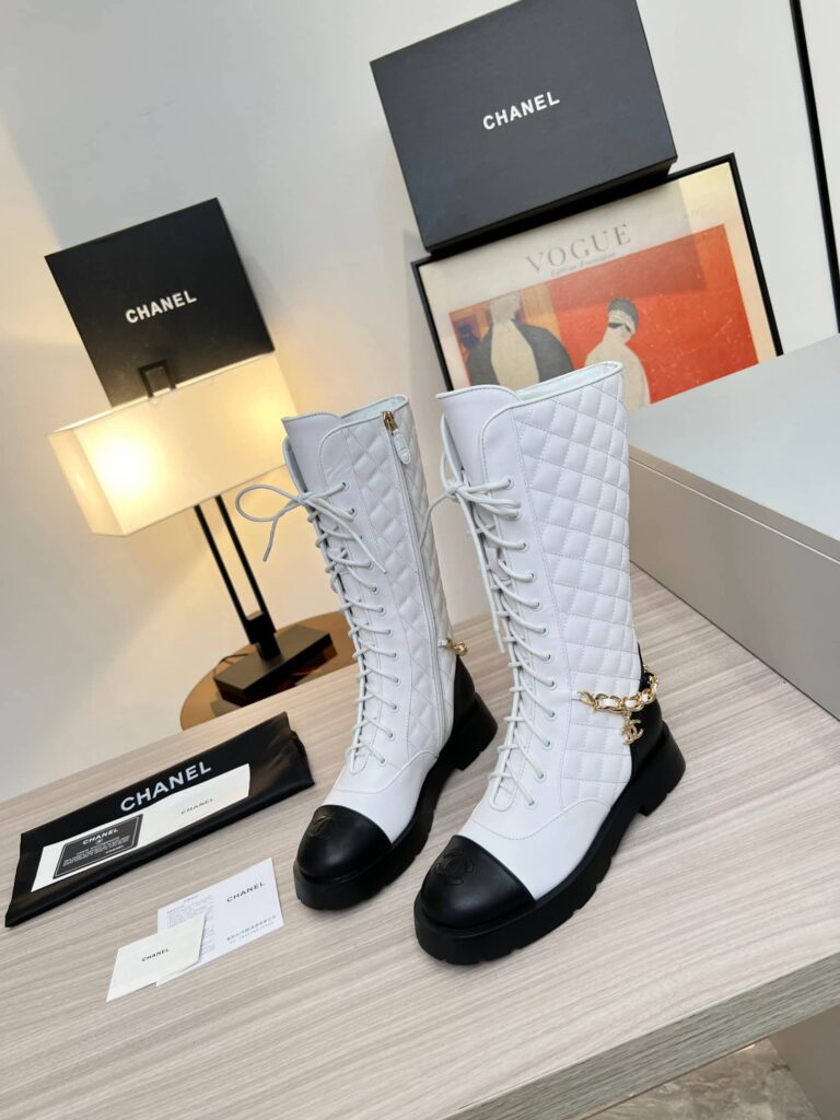 Chanel Quilted Chain Lace Up Combat Long Boots White - Image 3