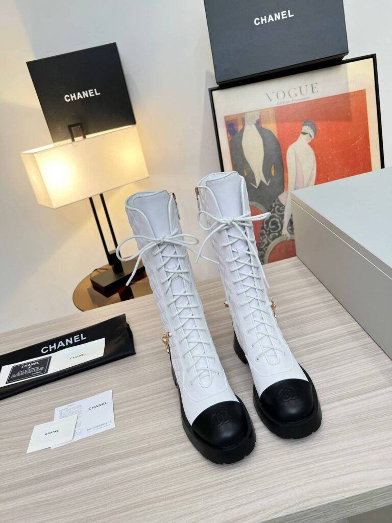 Chanel Quilted Chain Lace Up Combat Long Boots White - Image 2