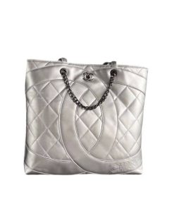 Chanel Cc Caviar Shopping Bag Silver 37Cm