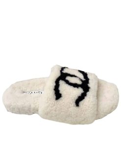 Chanel Cc Shearling Slippers White