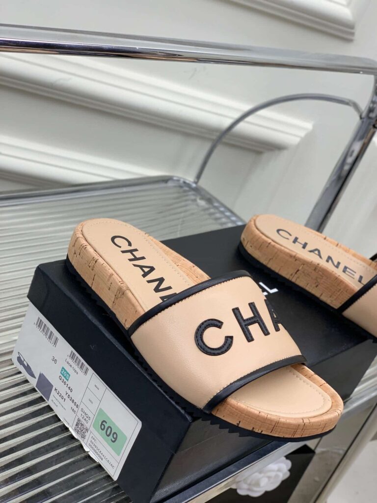 Chanel Leather Logo Cork Slide Sandals Beige - Image 3