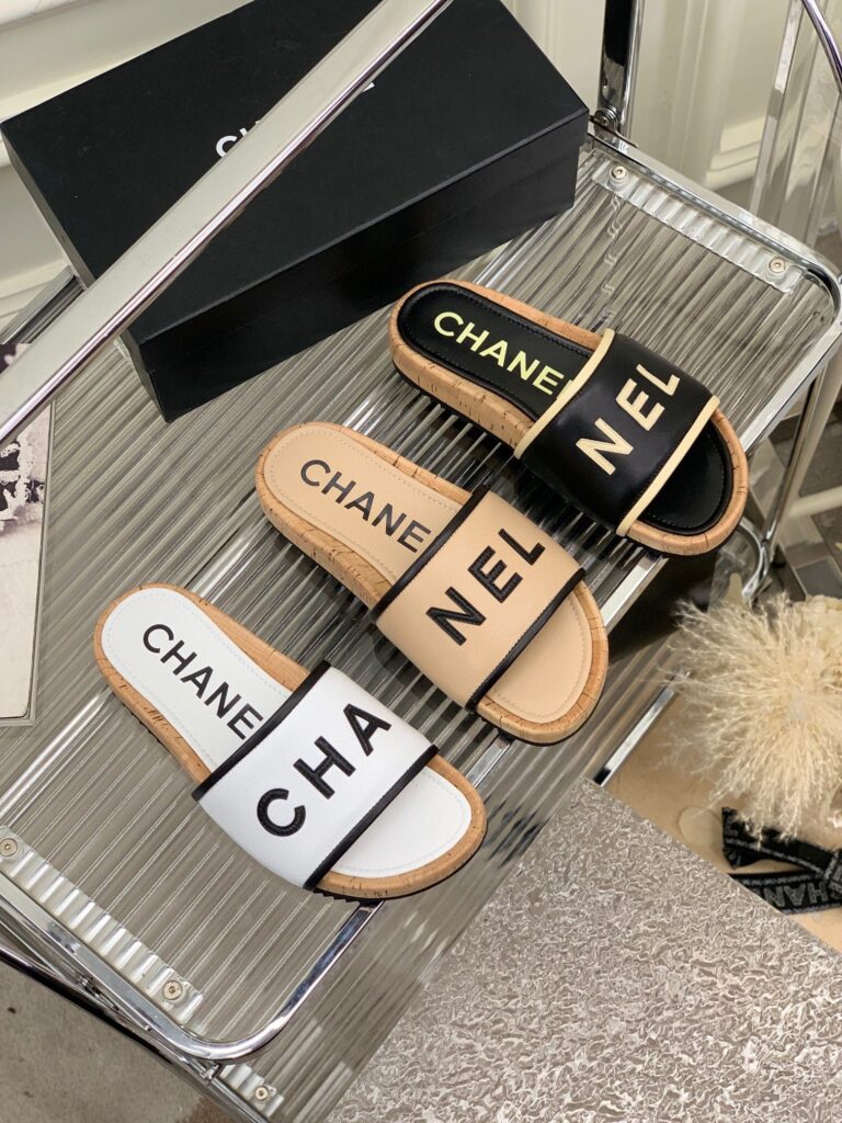 Chanel Leather Logo Cork Slide Sandals Beige - Image 4