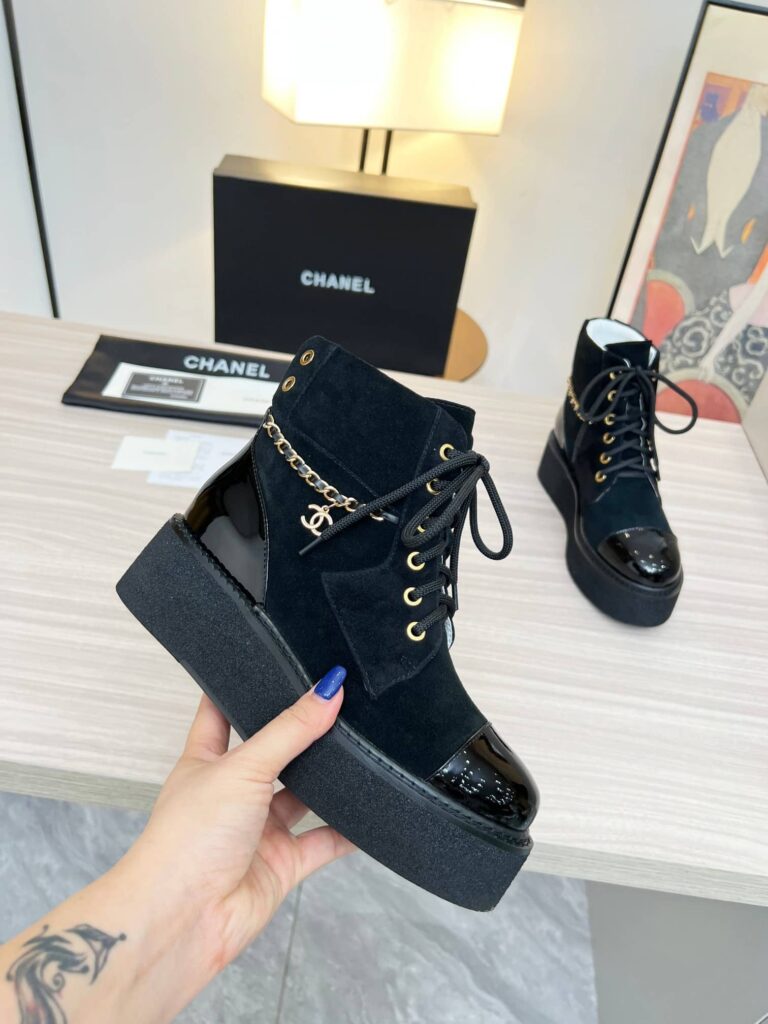 Chanel Chain Lace Up Boot Black G39332 X56706 94305 - Image 6