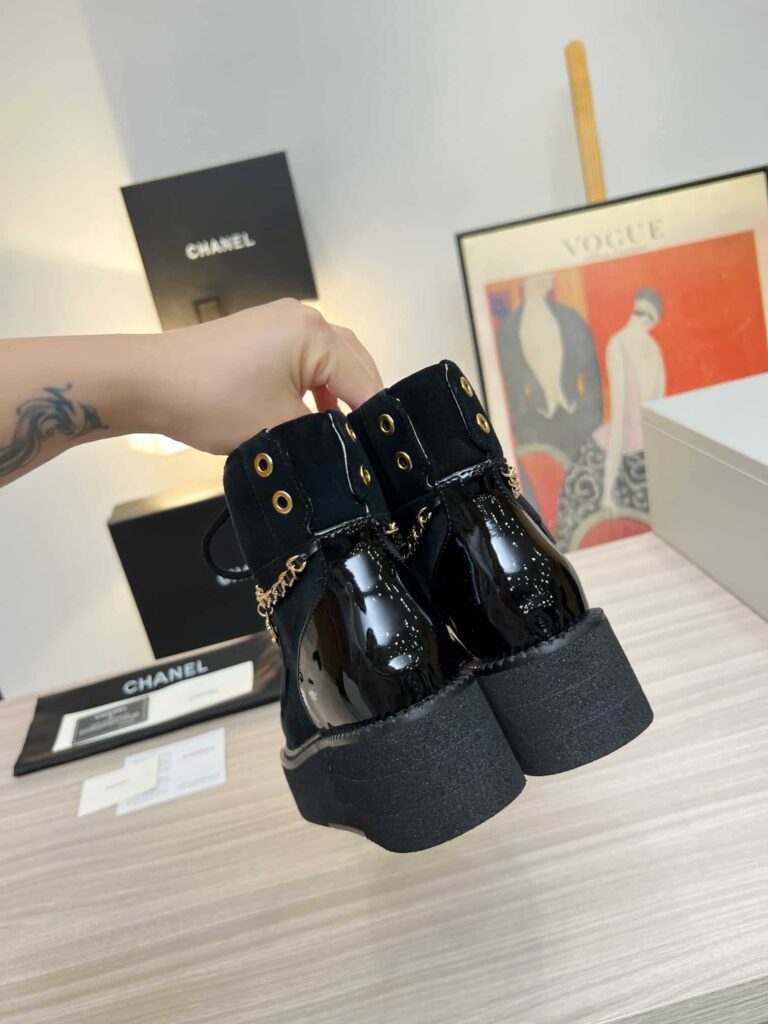 Chanel Chain Lace Up Boot Black G39332 X56706 94305 - Image 5