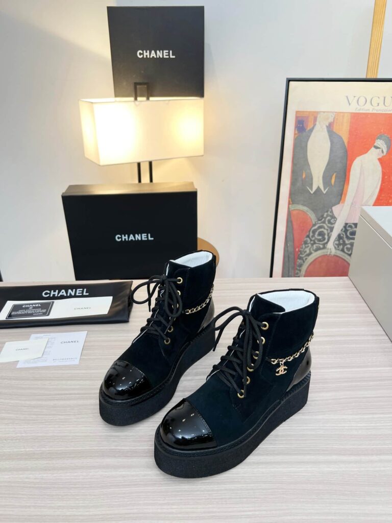 Chanel Chain Lace Up Boot Black G39332 X56706 94305 - Image 3