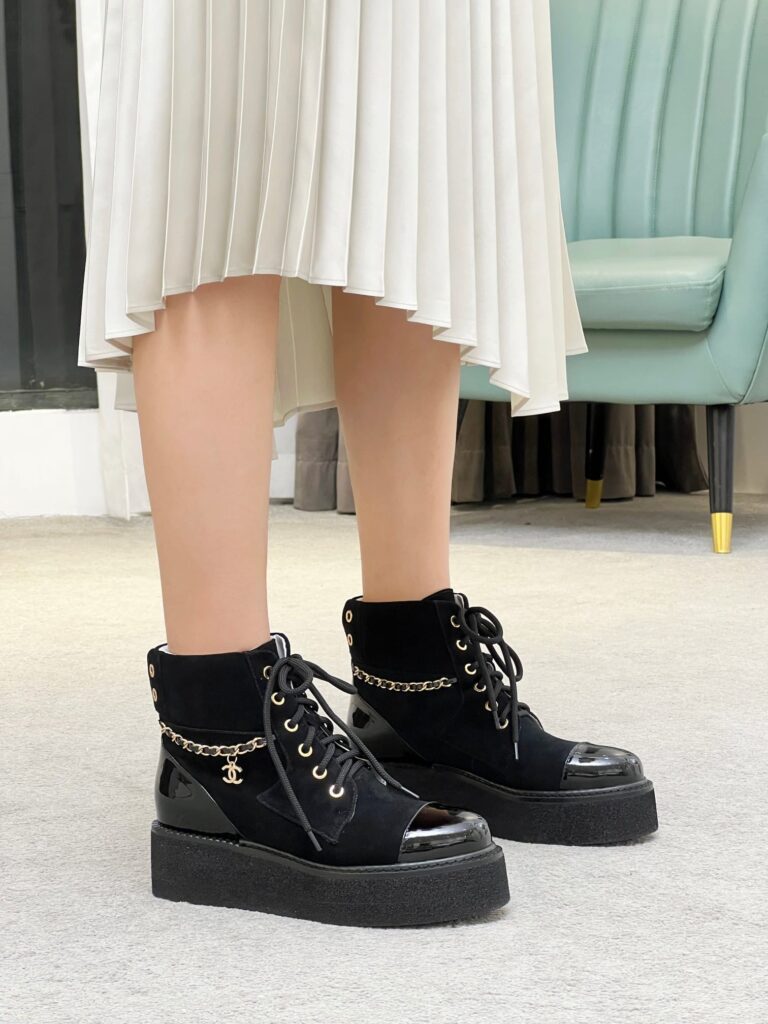 Chanel Chain Lace Up Boot Black G39332 X56706 94305 - Image 2