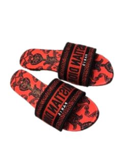 Dior Dway Slide Black And Red Cotton With Dior Bandana Embroidery
