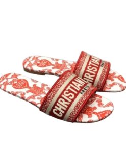 Dior Dway Slide White And Red Cotton With Dior Bandana Embroidery