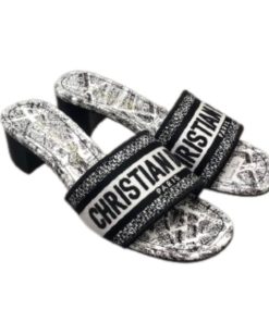 Dior Dway Heeled Slide White And Black Embroidered Cotton With Plan De Paris Motif