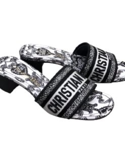 Dior Dway Heeled Slide Black And White Cotton With Dior Bandana Embroidery