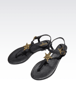 Chanel Crystal Pearl Thongs Black Sandals With Gold Star