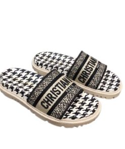 Dior Dway Slipper Black And White Micro Houndstooth Embroidered