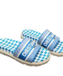 Dior Dway Slipper Blue And White Micro Houndstooth Embroidered