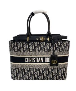 Dior Tote Bag With Gold Tone Buckle Oblique Embroidery Blue 34Cm