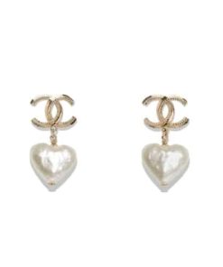 Chanel 22C Heart Pearl Pendant Cc Dangle Earrings