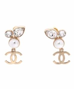 Chanel Pearl Crystal Cc Drop Earrings Gold
