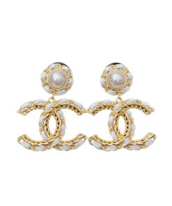 Chanel White Leather And Gold Metal Earrings