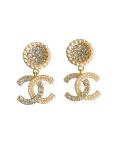 Chanel Crystal Pearl Cc Drop Earrings Gold