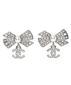 Chanel Crystal Cc Bow Drop Earrings Silver