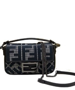 Fendi Baguette Black Houndstooth Wool Bag With Ff Embroidery 19Cm