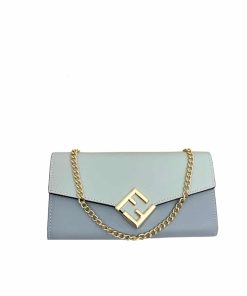 Fendi Ff Diamonds Continental With Chain Leather Wallet Light Blue 19Cm