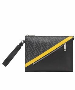 Fendi Diagonal Flat Pouch Ff Jacquard Fabric Bag Black And Grey 26Cm