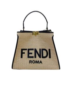 Fendi Peekaboo Raffia Tote Bag Beige Black 28Cm