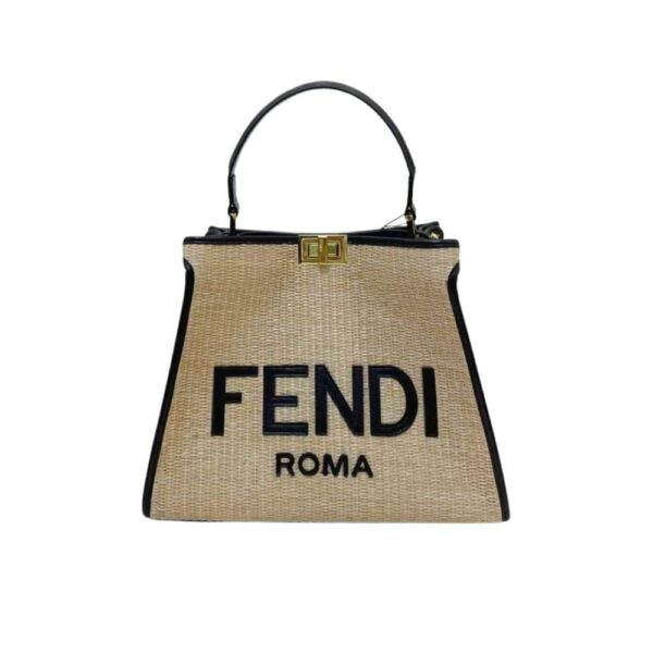Fendi Peekaboo Raffia Tote Bag Beige Black 28Cm