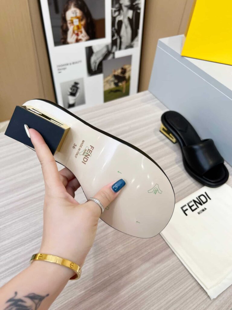 Fendi Cutout Metal Block Heel Padded Leather Sandals Black - Image 2