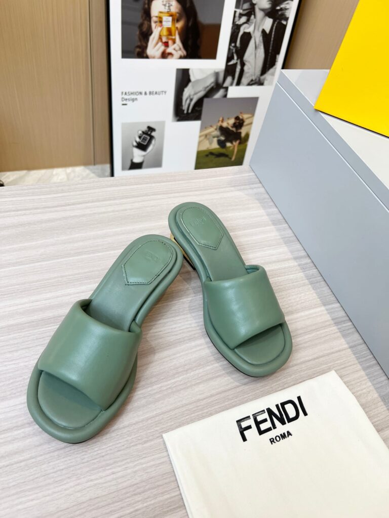 Fendi Cutout Metal Block Heel Padded Leather Sandals Turquoise - Image 3