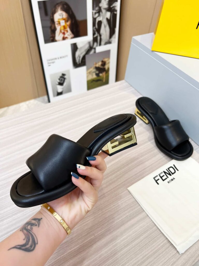 Fendi Cutout Metal Block Heel Padded Leather Sandals Black - Image 3