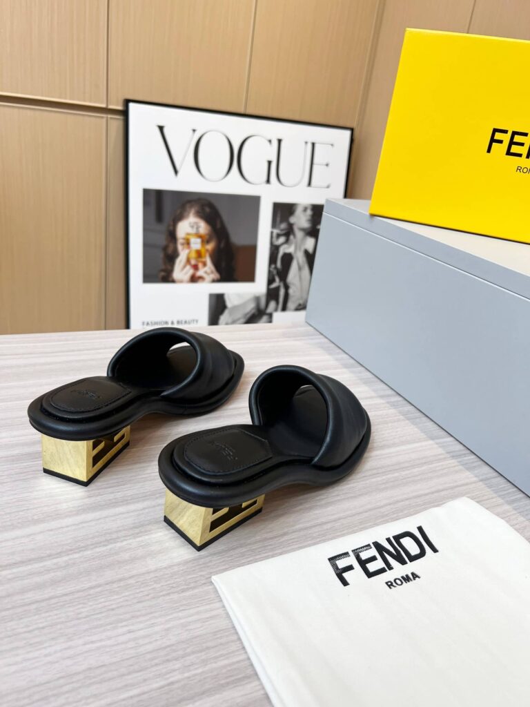 Fendi Cutout Metal Block Heel Padded Leather Sandals Black - Image 4