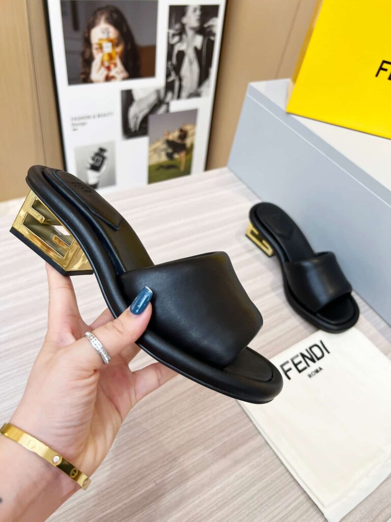 Fendi Cutout Metal Block Heel Padded Leather Sandals Black - Image 5