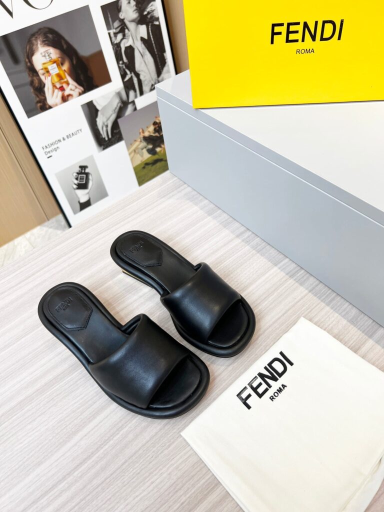 Fendi Cutout Metal Block Heel Padded Leather Sandals Black - Image 6