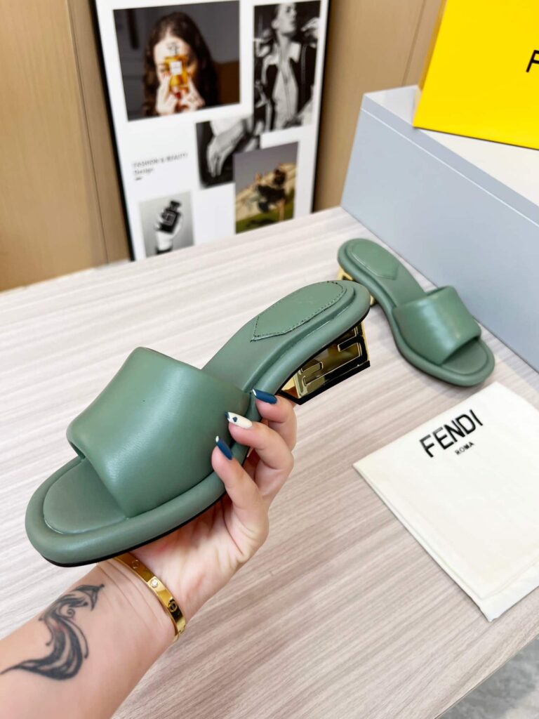 Fendi Cutout Metal Block Heel Padded Leather Sandals Turquoise - Image 7