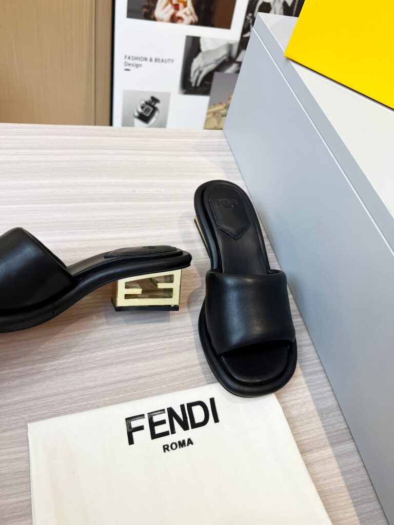 Fendi Cutout Metal Block Heel Padded Leather Sandals Black - Image 7