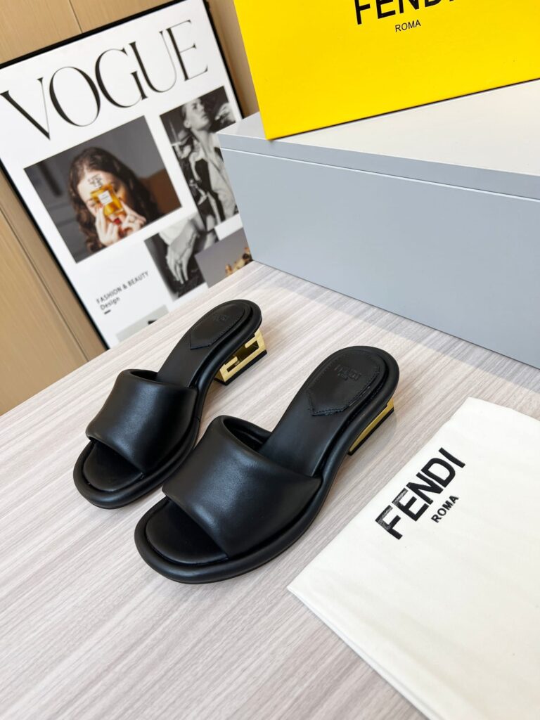 Fendi Cutout Metal Block Heel Padded Leather Sandals Black - Image 8