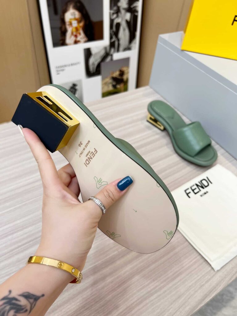 Fendi Cutout Metal Block Heel Padded Leather Sandals Turquoise - Image 9