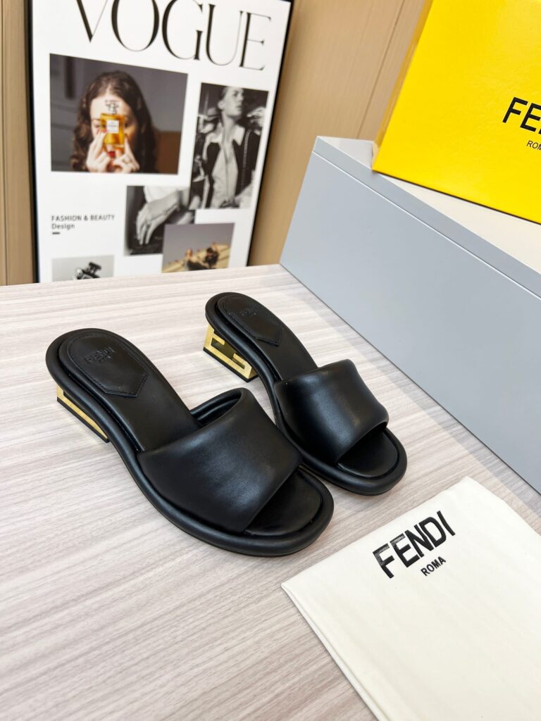 Fendi Cutout Metal Block Heel Padded Leather Sandals Black - Image 9