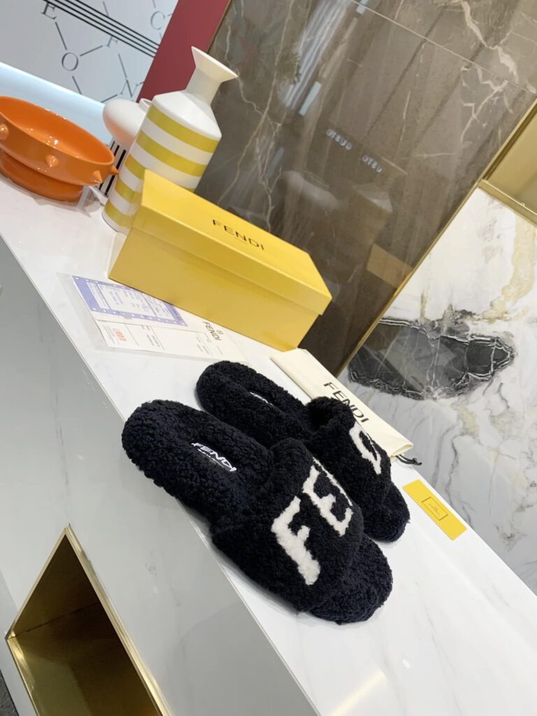 Fendi Shearling Slides Black - Image 6